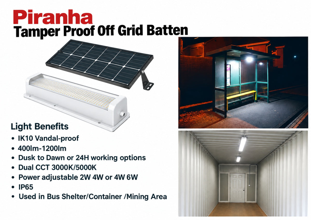 Piranha Tamper Proof Off Grid Solar Batten with 12Amp internal battery