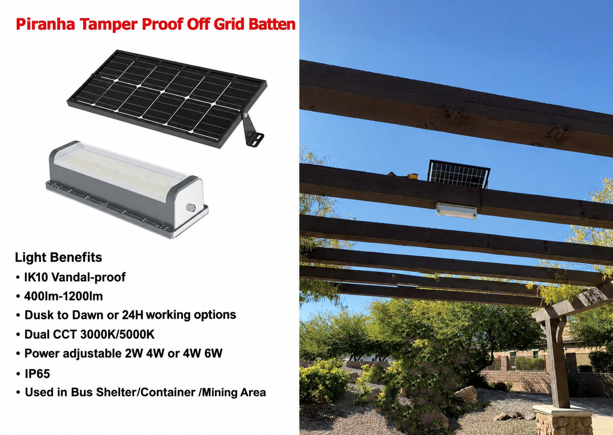 Piranha Tamper Proof Off Grid Solar Batten with 6Amp internal battery