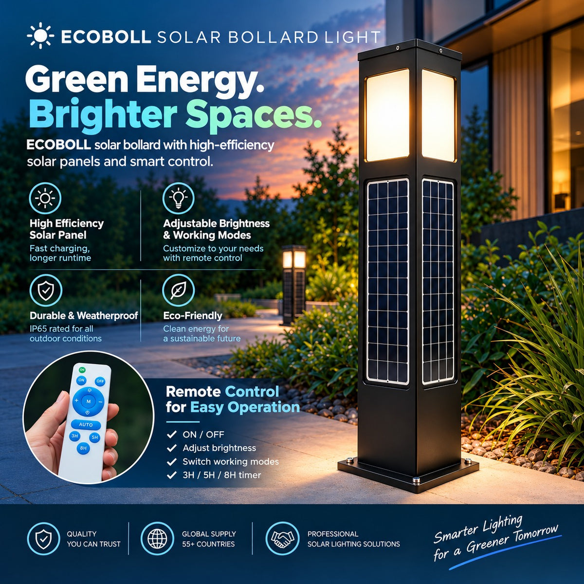 ECOBOLL LED Bollard with high powered built in solar and internal battery